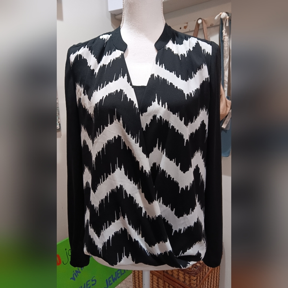 Alfani, size 8 ,womans long sleeve thin sheer blouse Black&white, built in tank